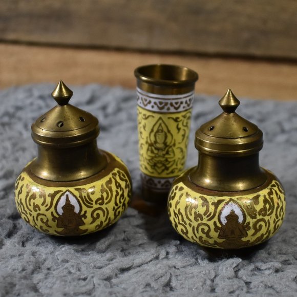 Vintage Brass Krishna Salt and Pepper Shaker with Toothpick Holder Set - Picture 3 of 15